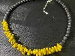 Necklace yellow - green coral and black lava stone