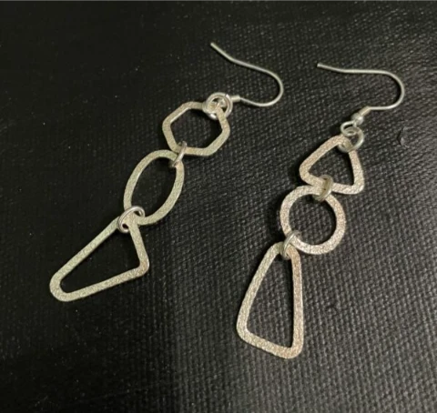 Silver hammered drop earrings geometric design with open loop