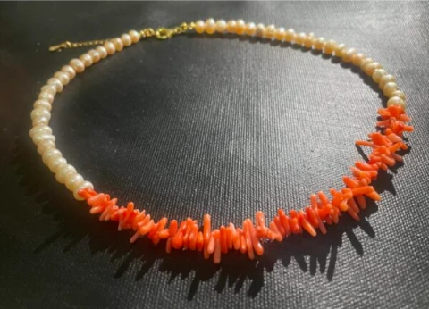Coral pieces with baroque pearl necklace