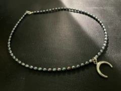 Black baroque pearl with solid silver crescent moon charm pendant necklace
