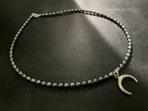 Black baroque pearl with solid silver crescent moon charm pendant necklace