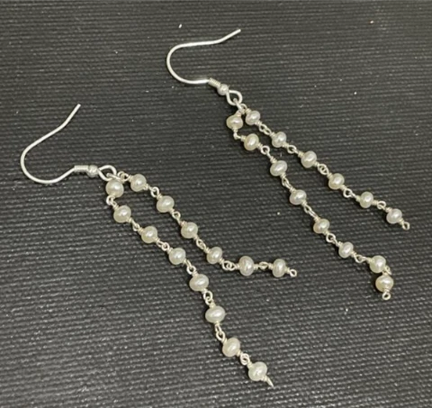 Pearl and silver chain drop earrings with silver open loop
