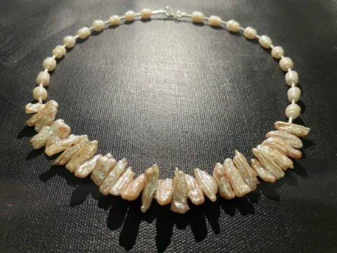 Pearl shell shard pieces with baroque pearl and silver bar necklace
