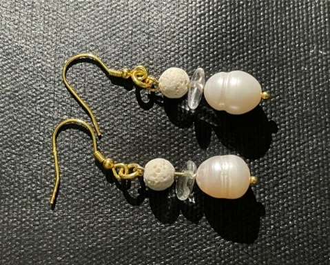 Earrings in white baroque pearl, clear quartz and lava stone beads with  gold vermeil finish