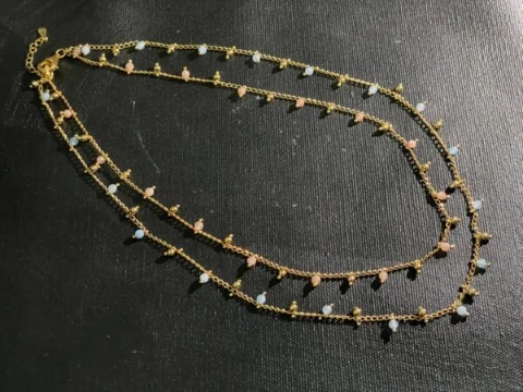 Rose quartz and aquamarine with gold vermeil ball double chain necklace